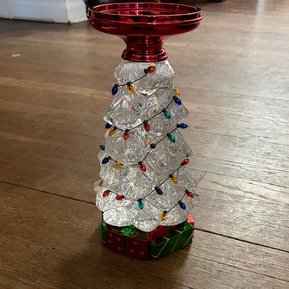 Bath & Body Works Clear Glass Christmas Tree Candle Pedestal with Red Top